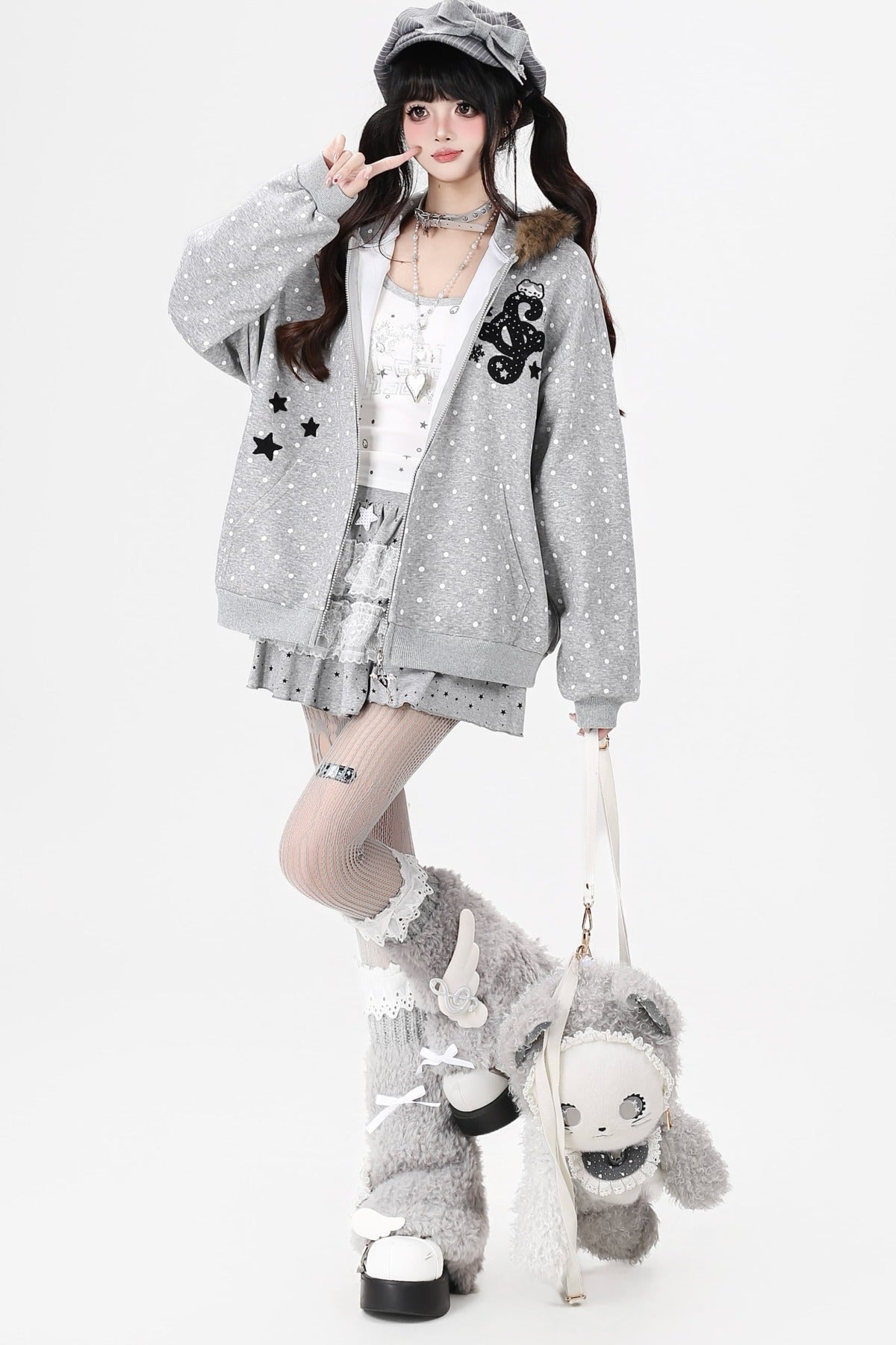 Polka Dot Bear Embroidered Zip Jacket