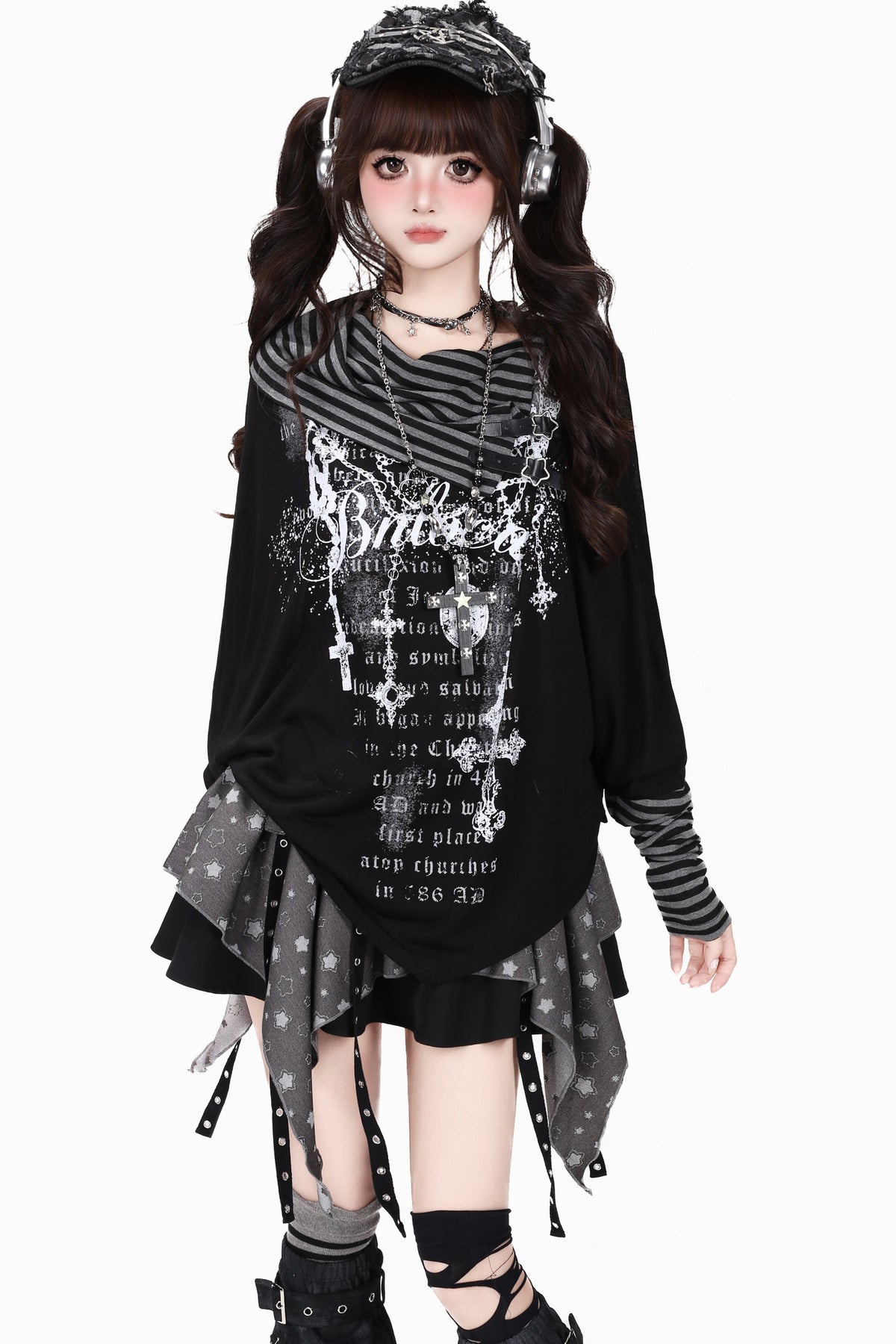 Gothic Print Striped Base Layer Top