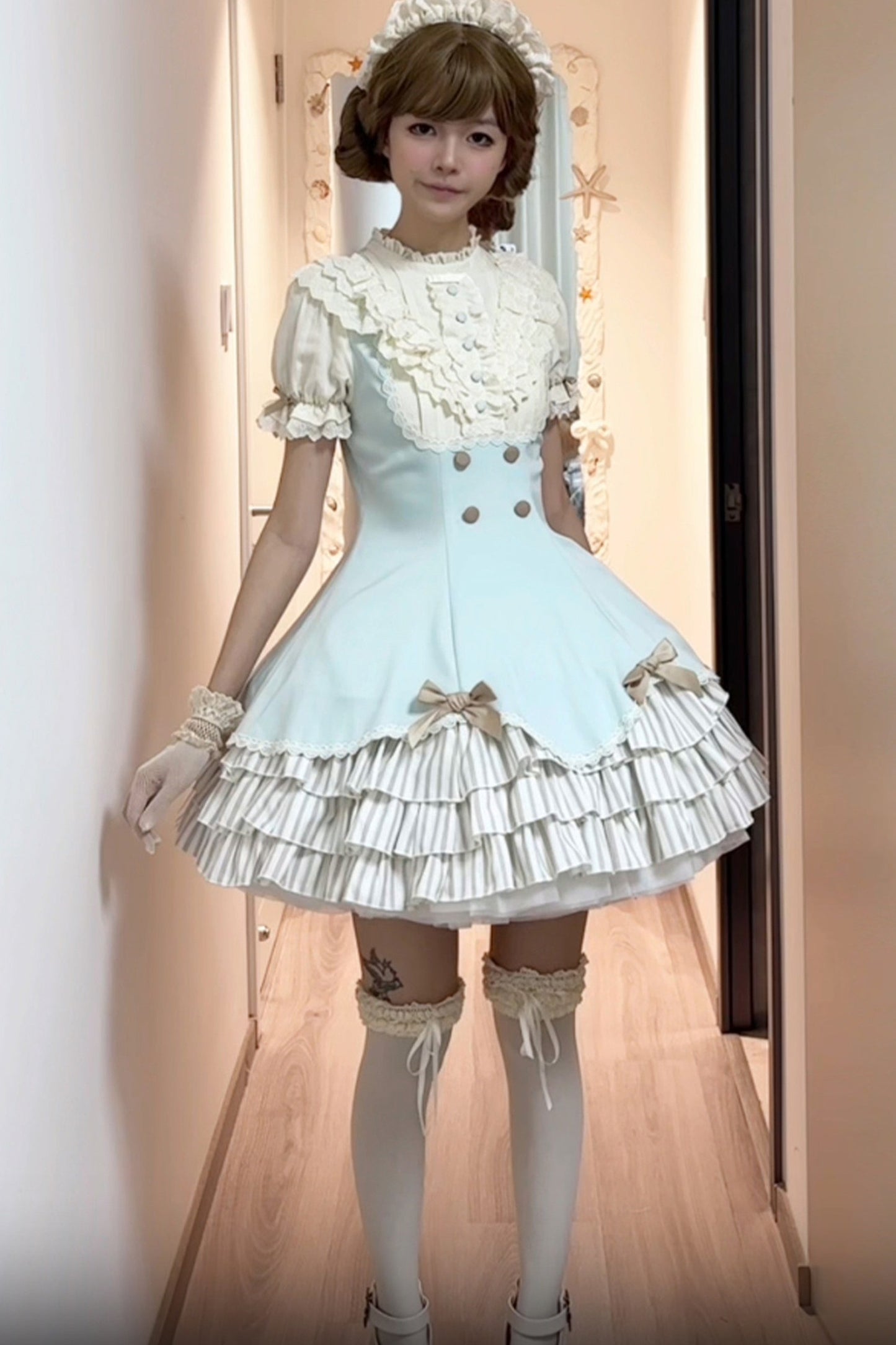 Lace Stand Collar Petal Hem Ruffle Dress
