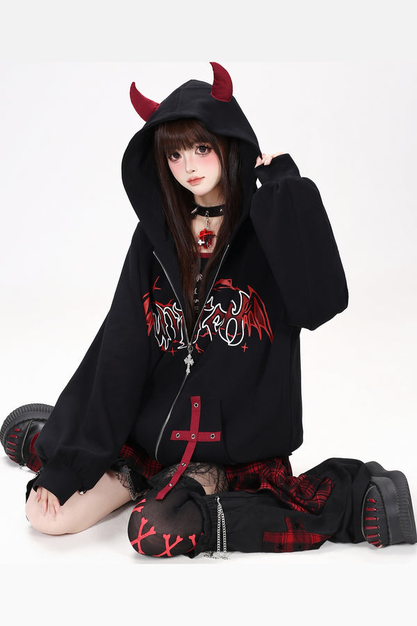 Devil Horn Gothic Webbing Hooded Jacket