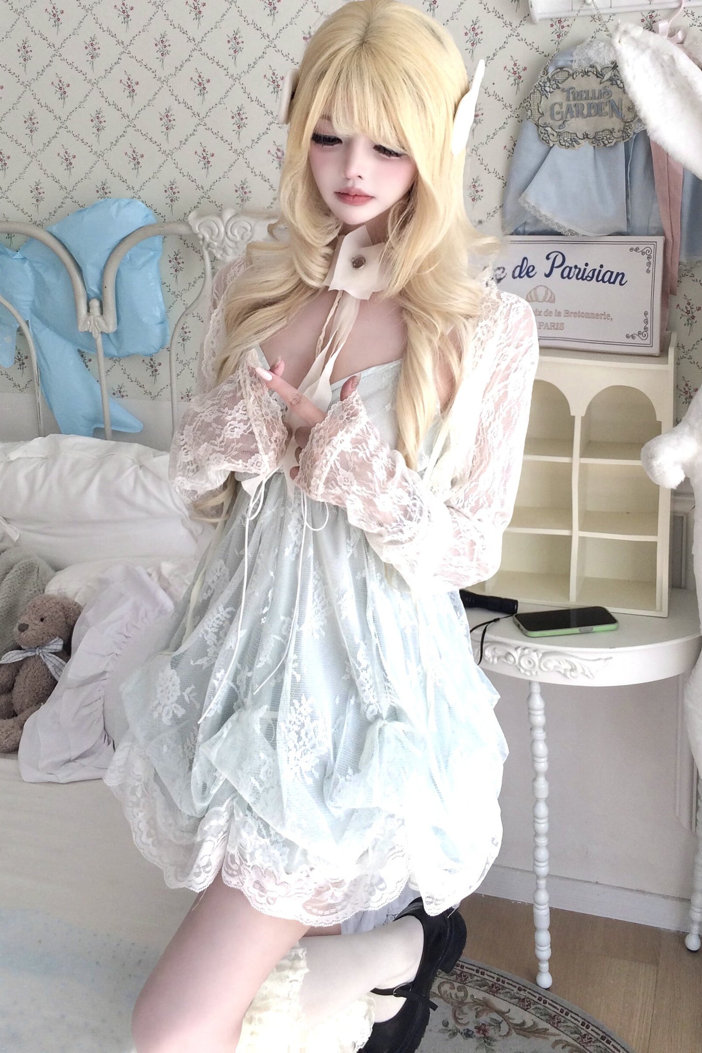 Lace-Sleeve Top & Cami Dress Set-Up