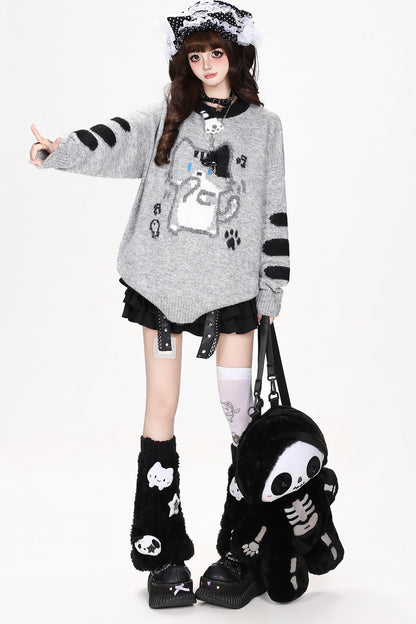 Cat Round-Neck Loose Knit Sweater