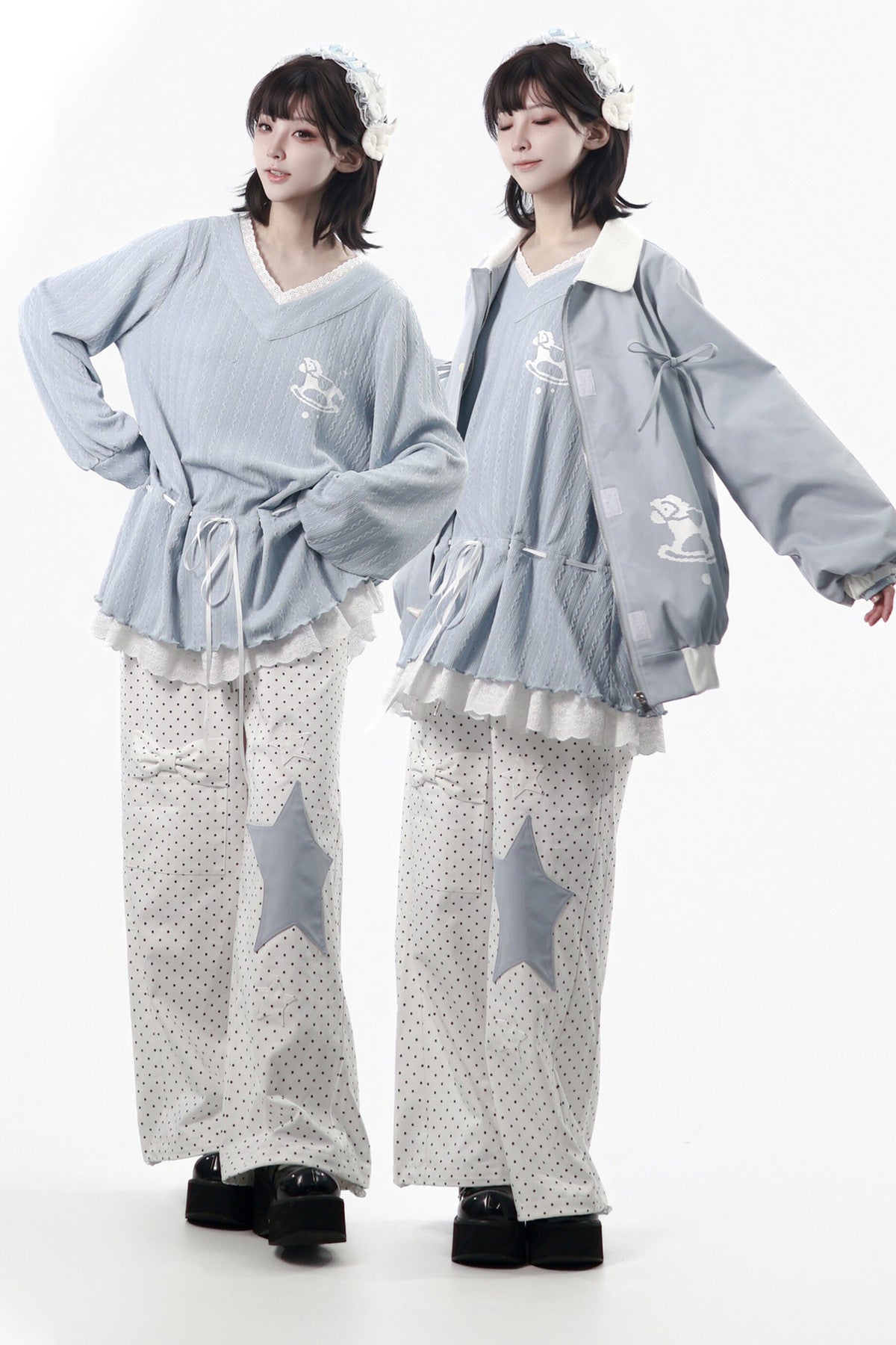 Hellblaues Pony-Jacke-und-Polka-Dot-Hosen-Set