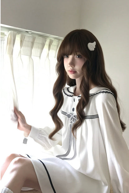 Navy Collar Long Sleeve A-Line Dress