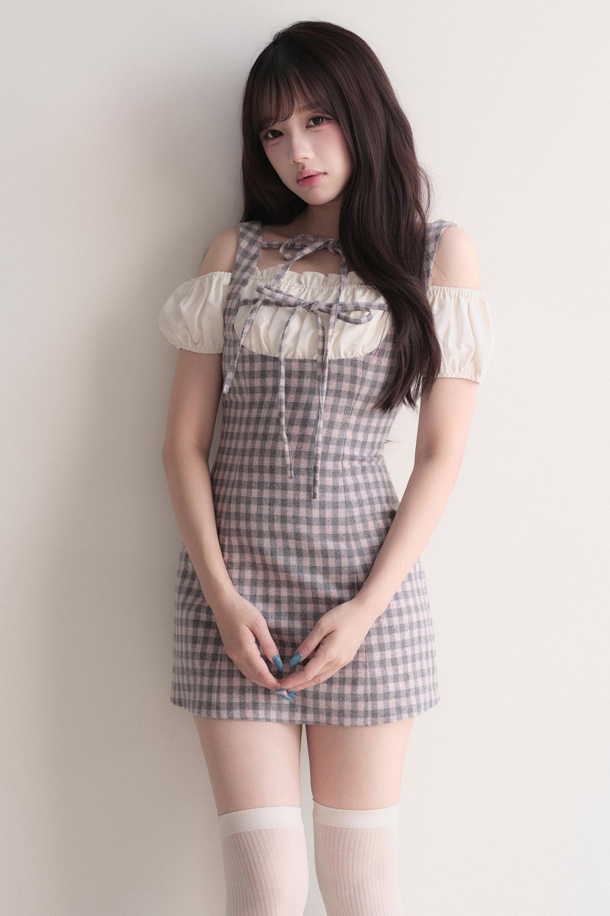 Small Checkered Off-Shoulder Tie Dress