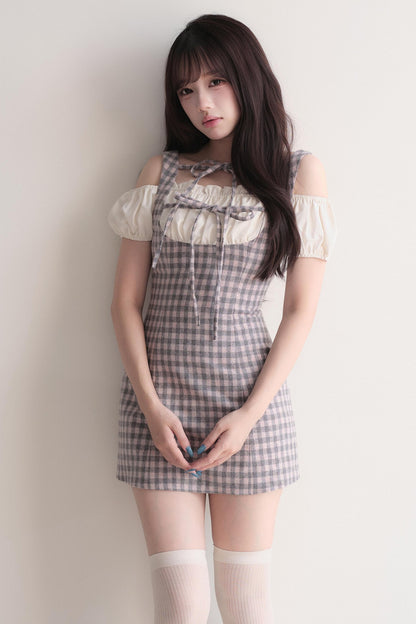 Small Checkered Off-Shoulder Tie Dress