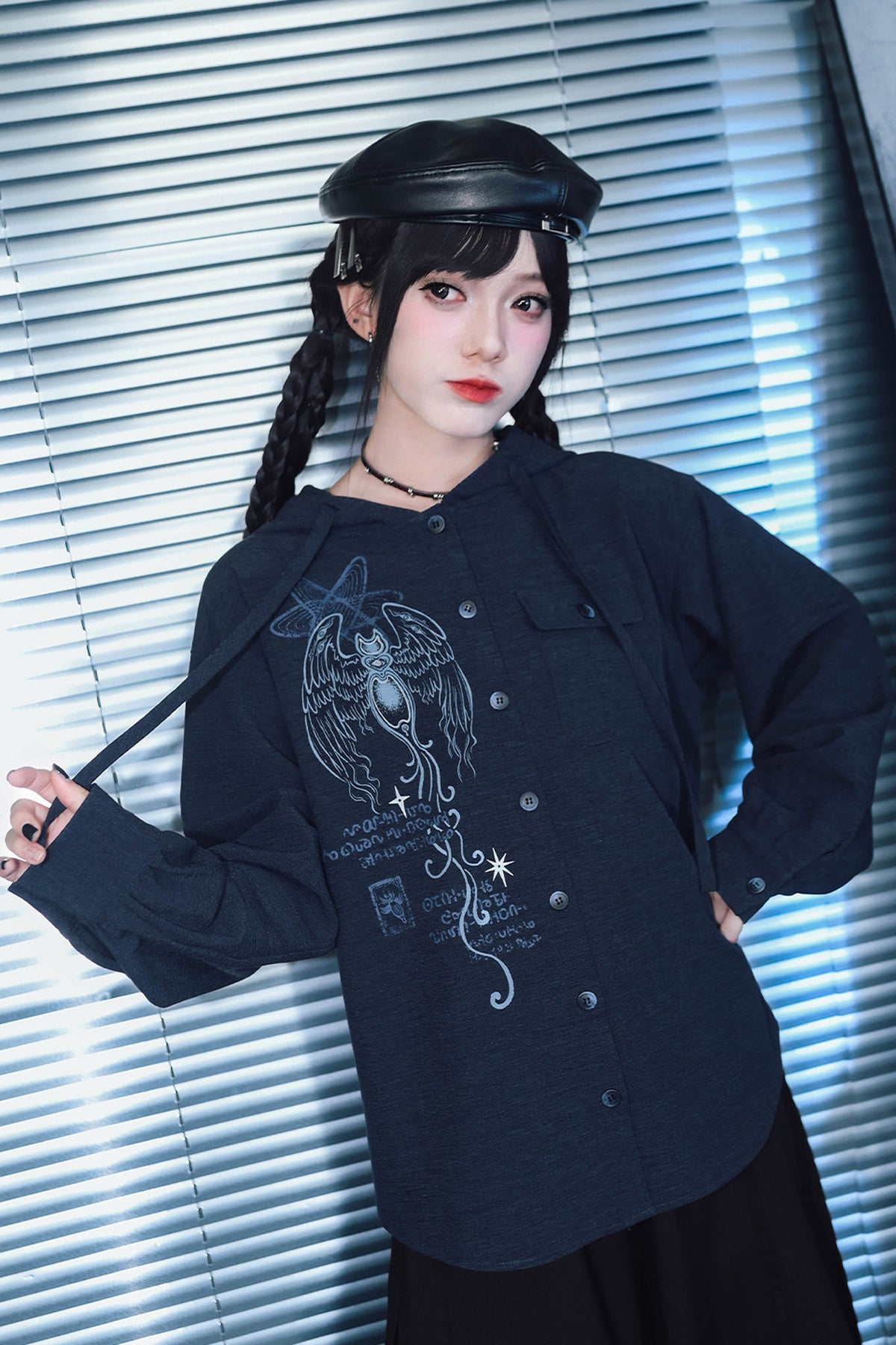 Sea Angel Hand-Drawn Print Hooded Shirt