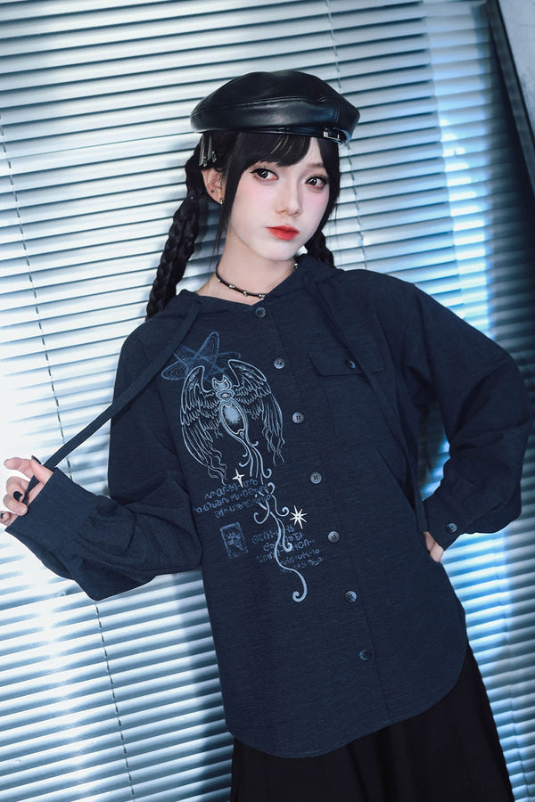Sea Angel Hand-Drawn Print Hooded Shirt