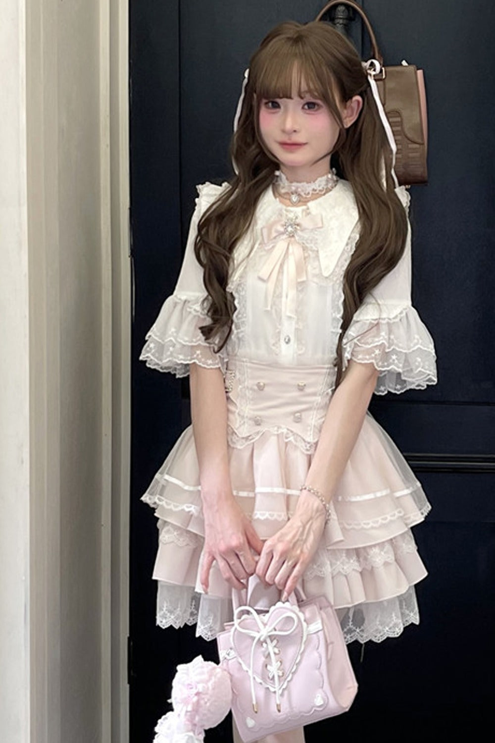 Cherry Short-Sleeved Lace Collar Shirt and Skirt Set-Up