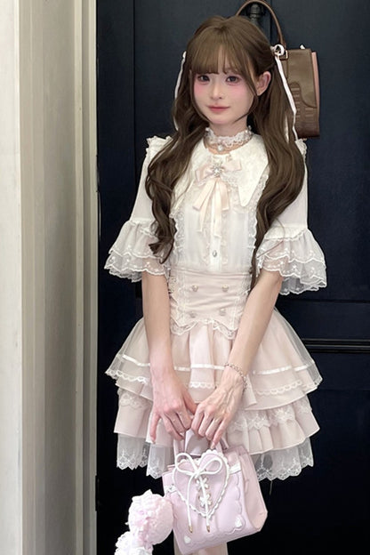 Cherry Short-Sleeved Lace Collar Shirt and Skirt Set-Up
