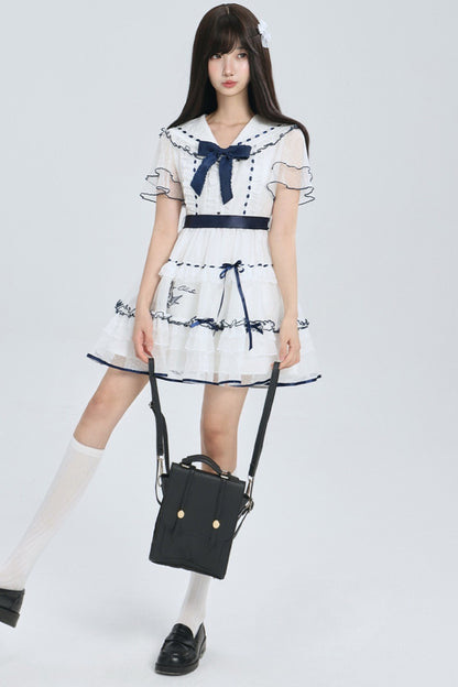 Navy Collar Bird Embroidery Tiered Ribbon Dress
