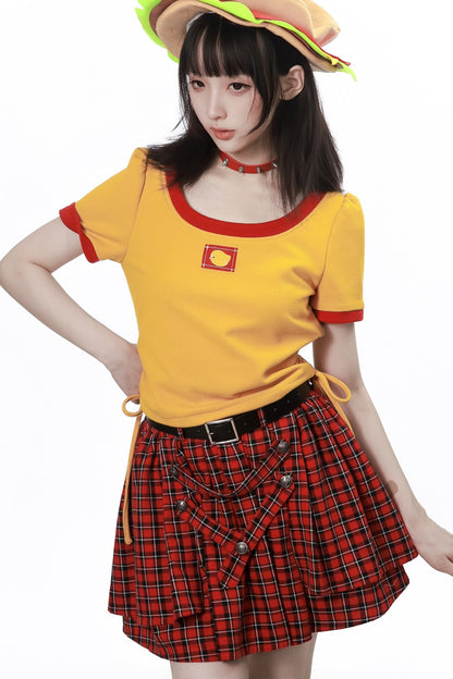 Rot-gelbes Kontrast-T-Shirt mit Hose und Rock als Set