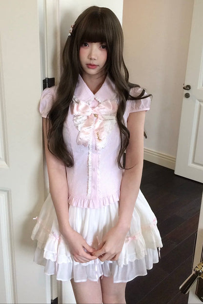 Loose Peach Textured Plaid Doll Shirt And Lace Dress Set-Up