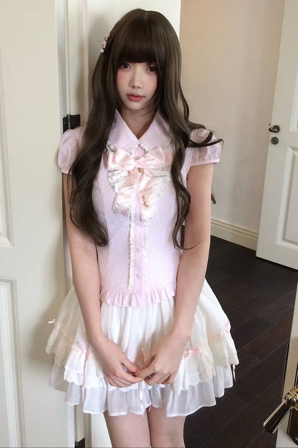 Loose Peach Textured Plaid Doll Shirt And Lace Dress Set-Up