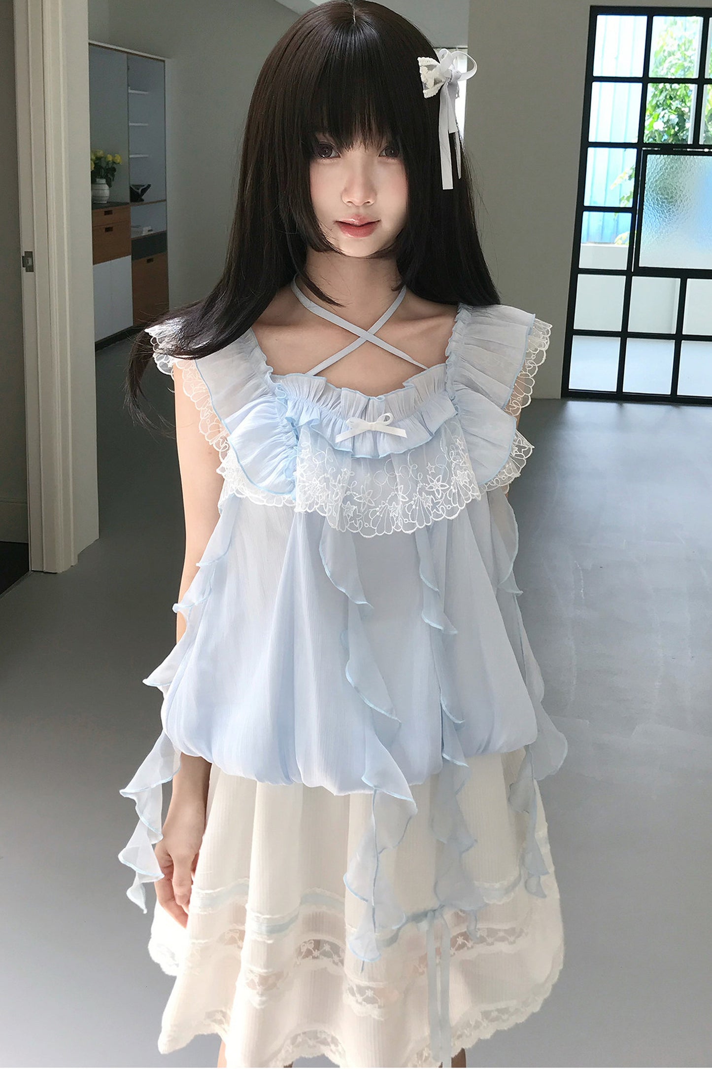 ミルキーブルー姫フリルトップス＋スカート