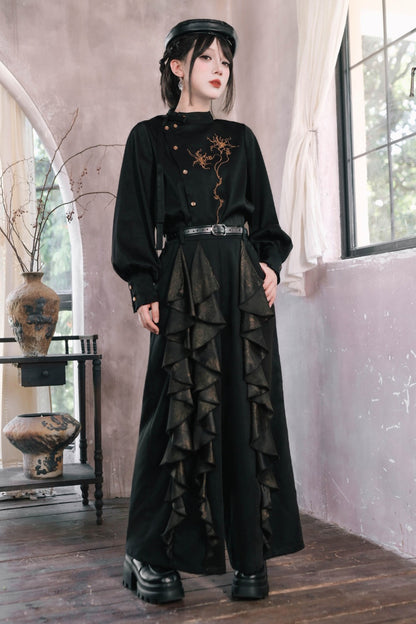 Mandala Embroidered Lace-Up Diagonal Placket Shirt