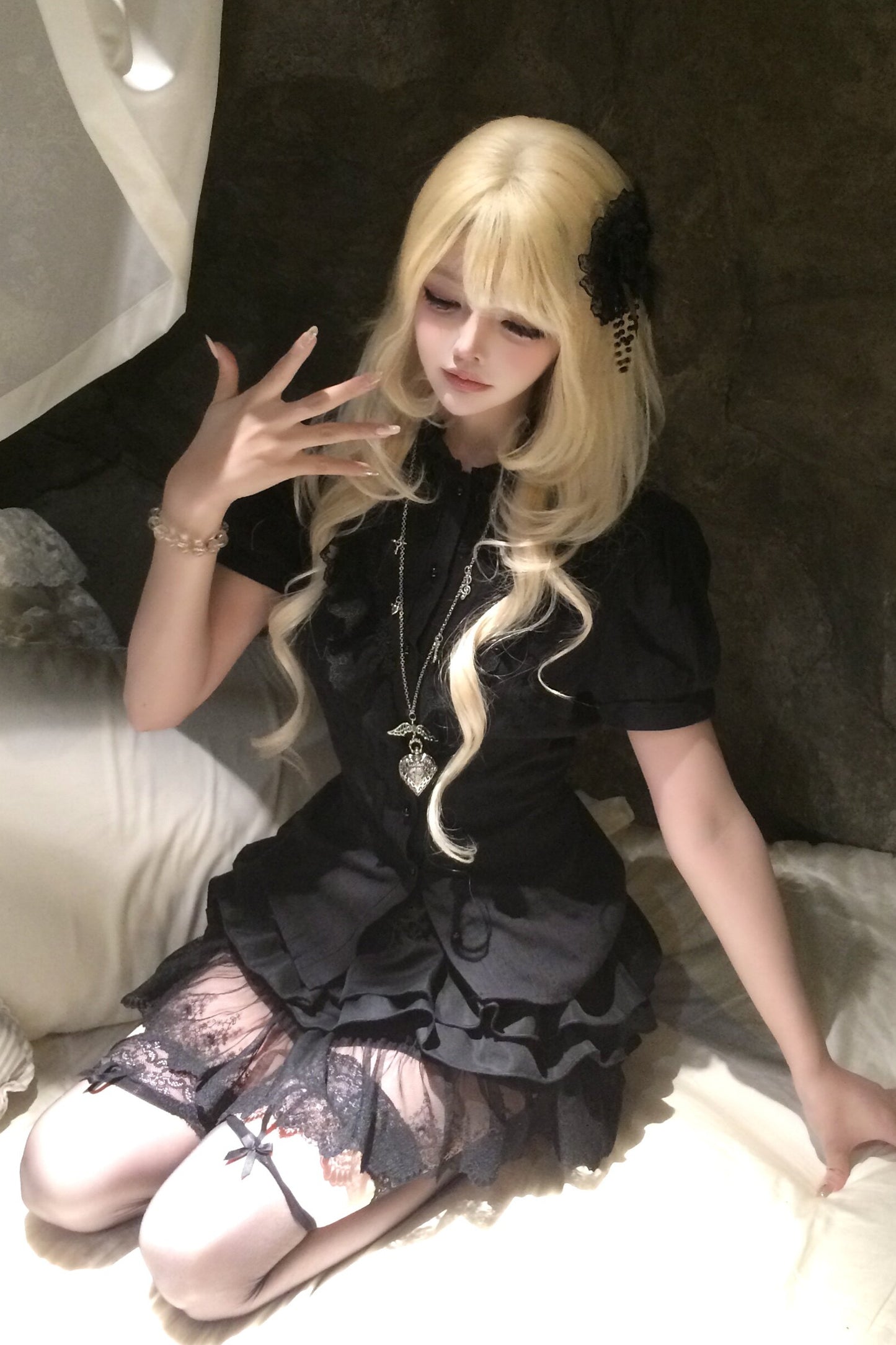 Black Puff Sleeve Lace Patchwork Top and Skirt Set