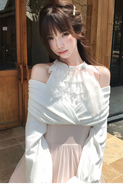 Layered-Look Halter Off-Shoulder Mesh Dress