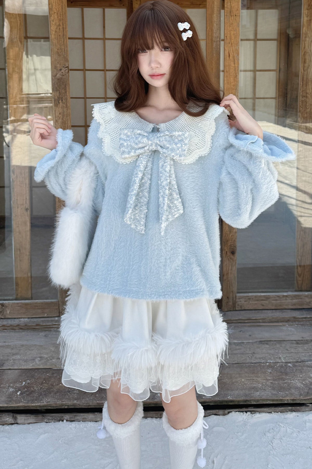 Blue Sky Star Fluffy Knit Top and Skirt Set
