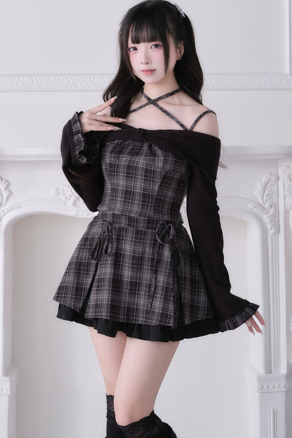 Top con lazo y hombros descubiertos estilo jirai kei + falda