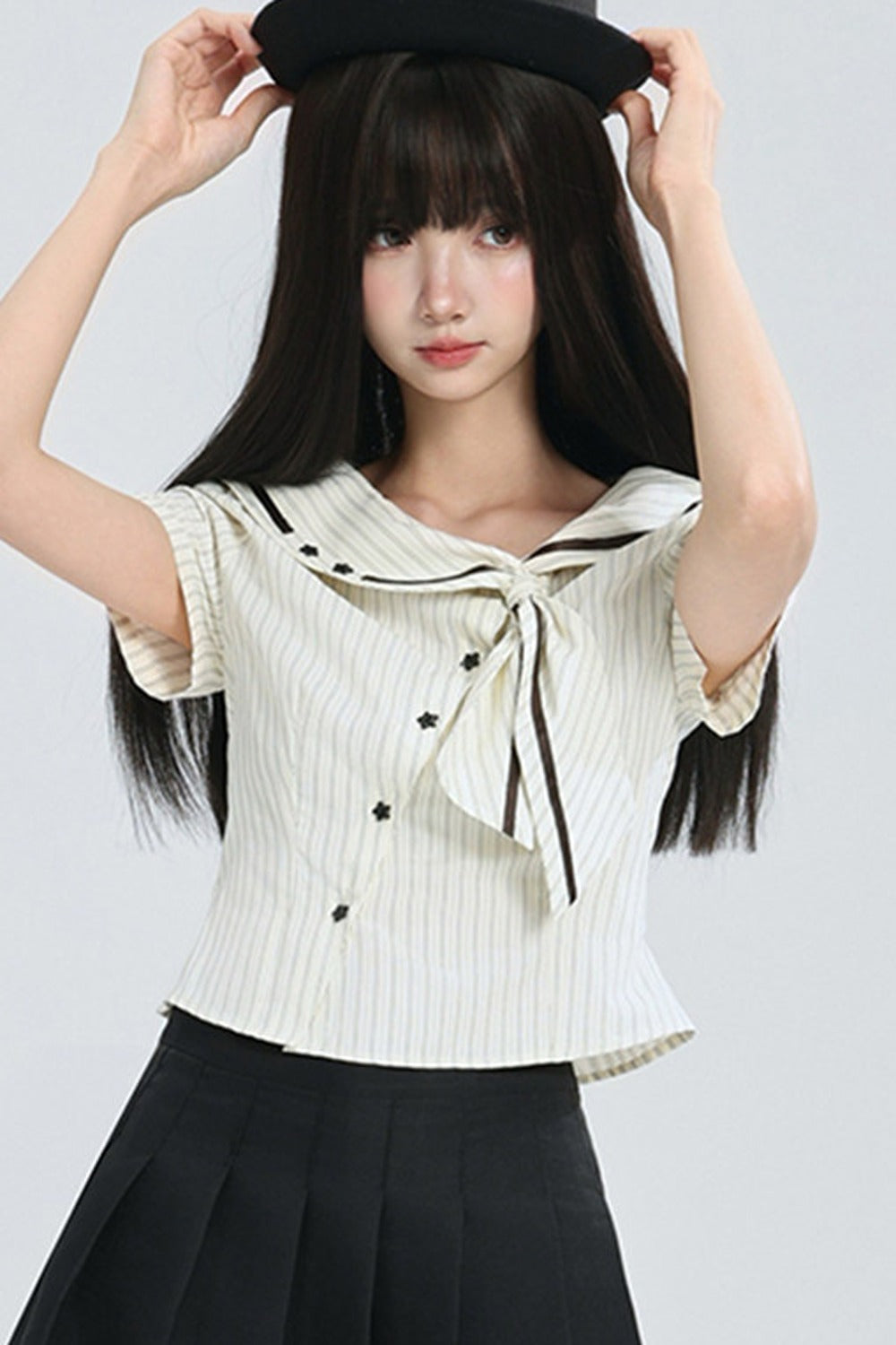 Striped Navy Collar Star Button Blouse