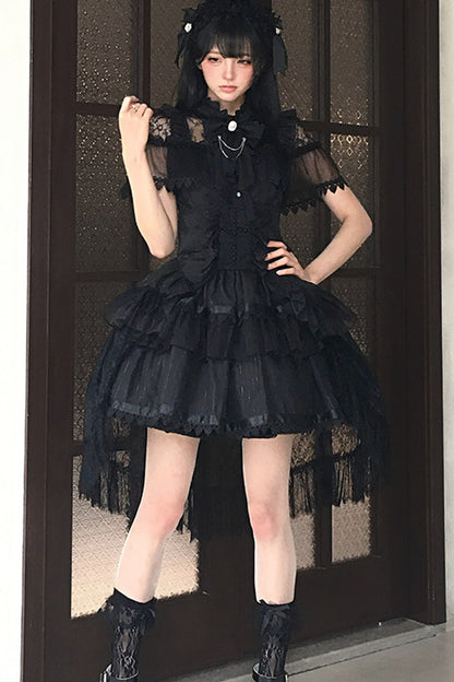 Gothic Short-Sleeve Tulle Waist Belt Dress Set-Up