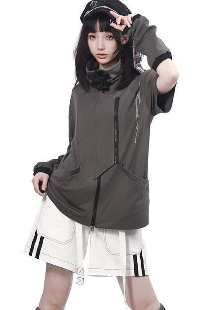 Gray Functional Stand Collar Zipper Short-Sleeve Set-Up
