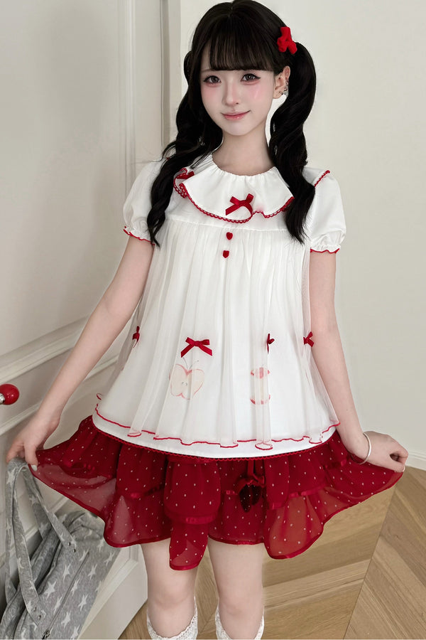 Loose Colorblock Apple Print Babydoll Top and Skirt Set-Up