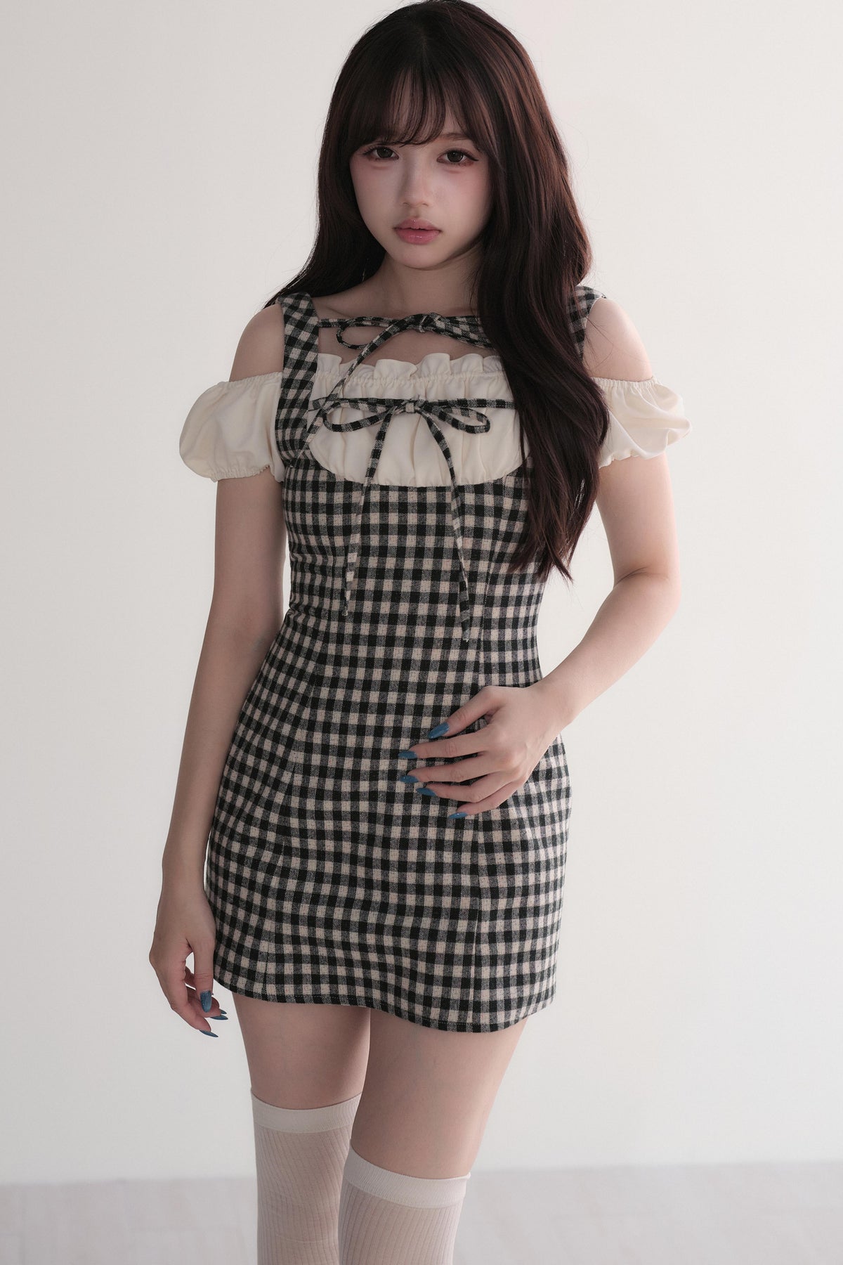 Small Checkered Off-Shoulder Tie Dress