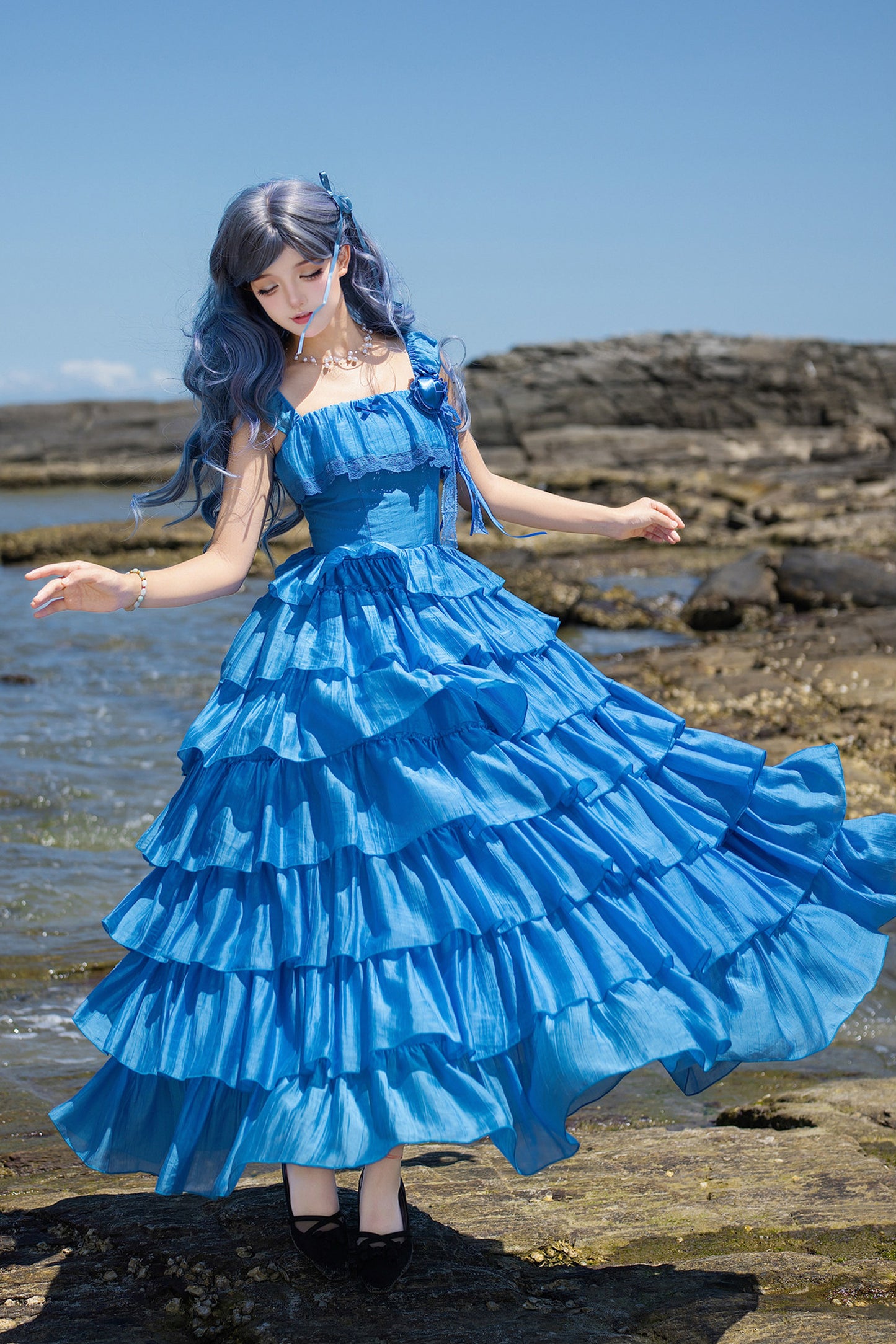 Seven-Layer Ruffle Square Neck Dress, Hair Accessory and Jacket Set-Up