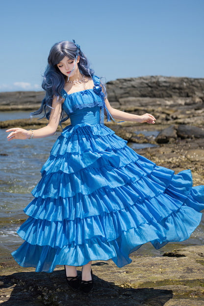 Seven-Layer Ruffle Square Neck Dress, Hair Accessory and Jacket Set-Up