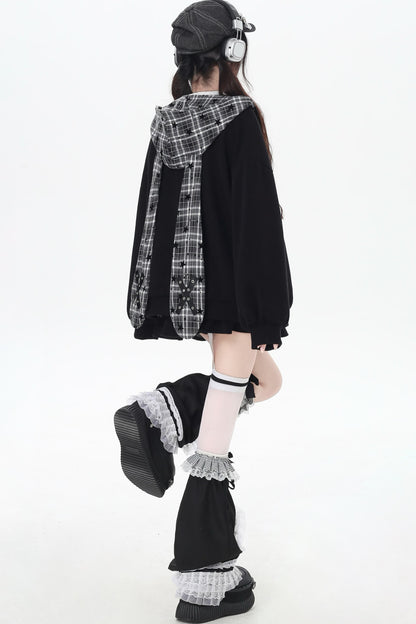 Plaid Rabbit Ear Embroidered Hooded Jacket