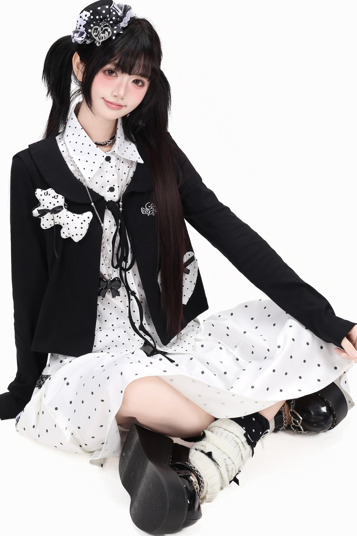Polka Dot Lapel Shirt and Skirt Set-Up