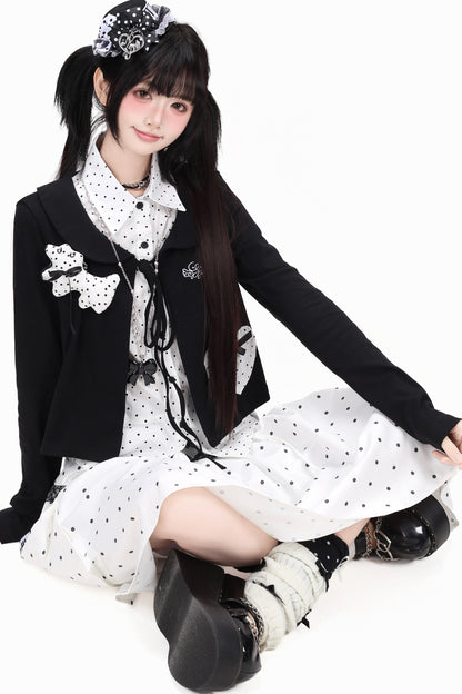 Polka Dot Lapel Shirt and Skirt Set-Up