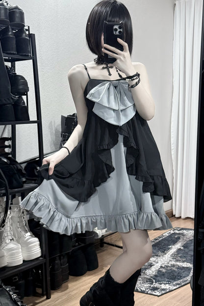 Double-Layer Open-Front Large Bow Suspender Dress