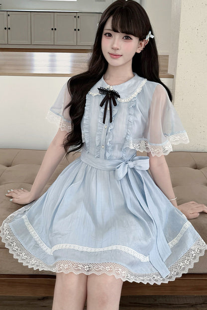Sheer Cape Lace Waist-Cinching Blue Dress