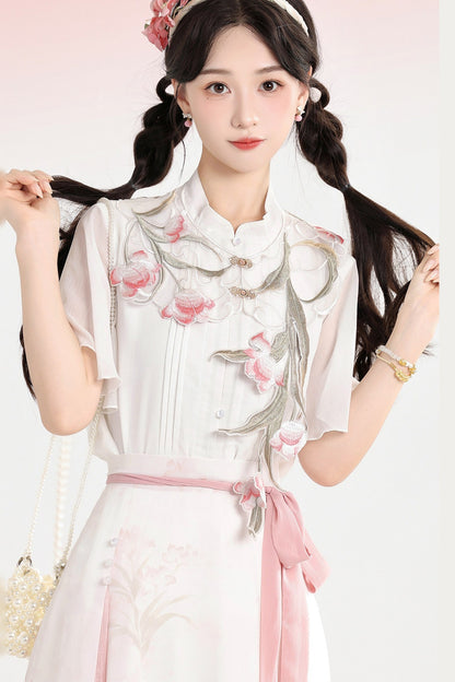 Rosa Hanfu-Hemd-und-Rock-Set mit nebligen Tulpen