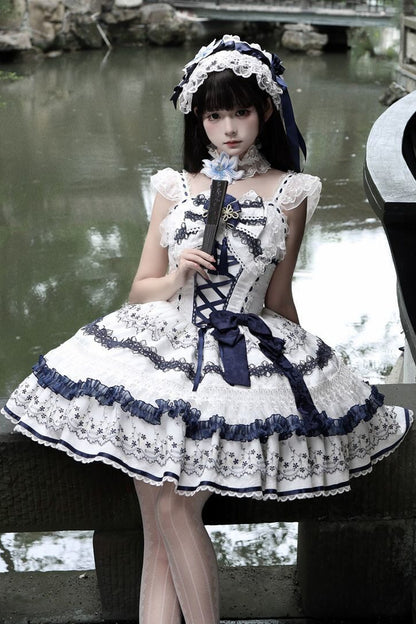 Blue and White Porcelain Jsk Suspender Dress