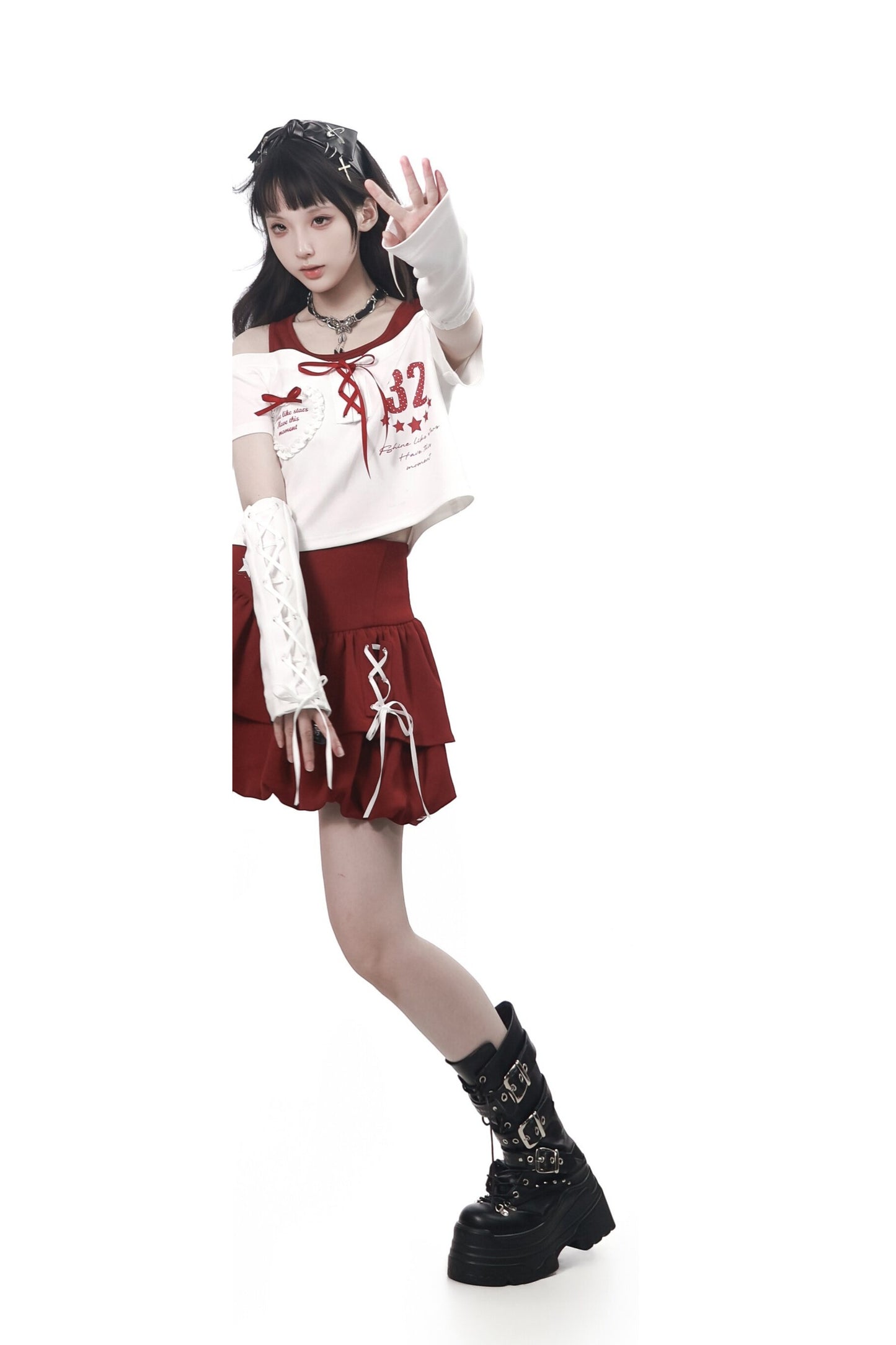 Off-Shoulder Layered Star Graphic Top & Bubble Skirt Set-Up