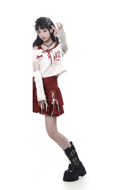 Off-Shoulder Layered Star Graphic Top & Bubble Skirt Set-Up