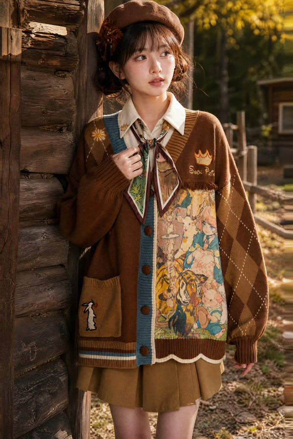 Vintage Oil Painting Knit Cardigan And Skirt