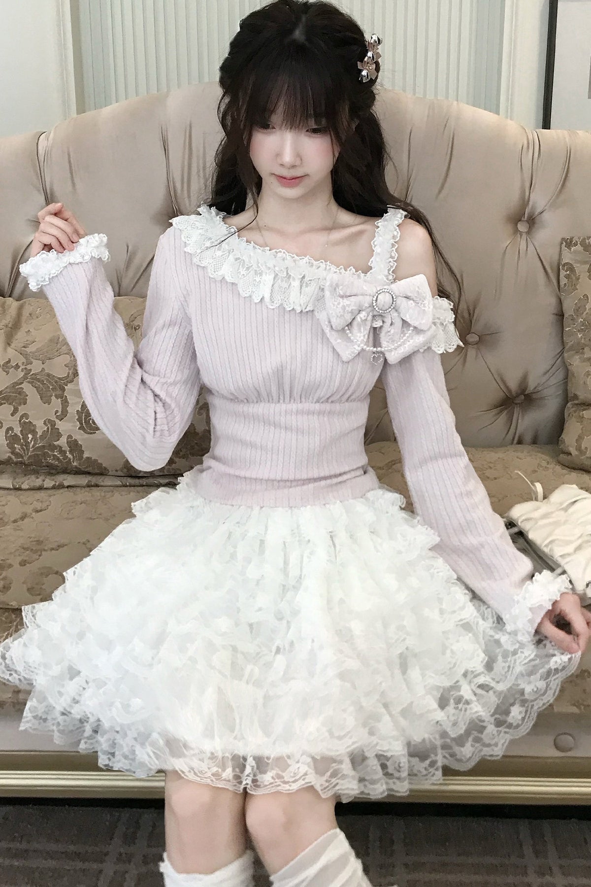 Pink Off-Shoulder Knit Top and Skirt Set