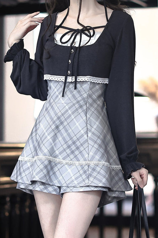 Knit Cardigan And Plaid Suspender Dress Set-Up