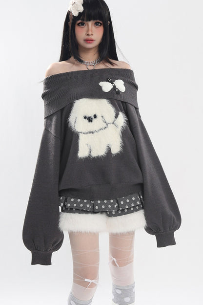 Dog Off-Shoulder Sweater