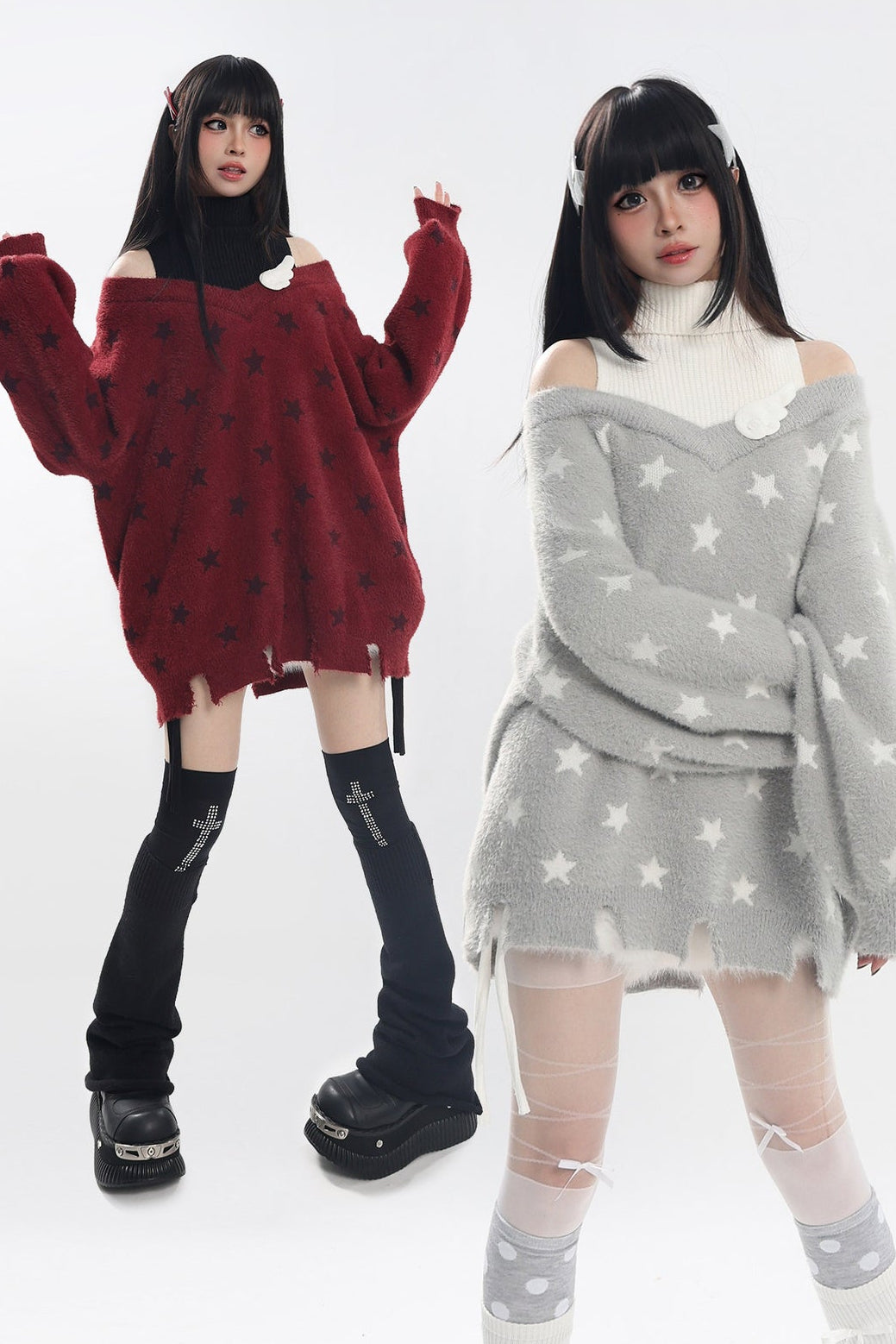 Star Off-Shoulder Layered-Look Sweater