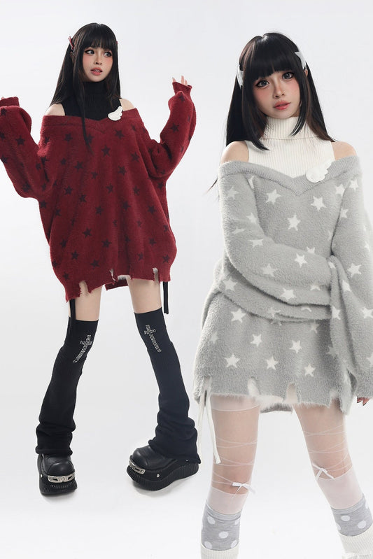 Star Off-Shoulder Layered-Look Sweater
