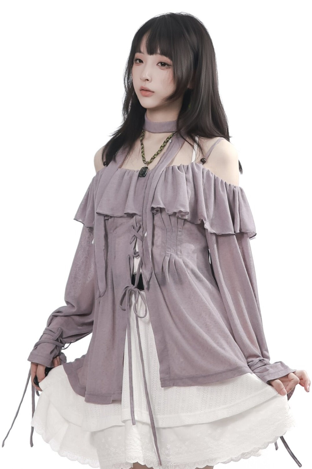 One-Line Tie-Up Knitted Cardigan and Suspender Dress Set-Up