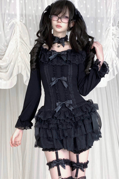 Multi-Layered Lace Bow Long Sleeve Top