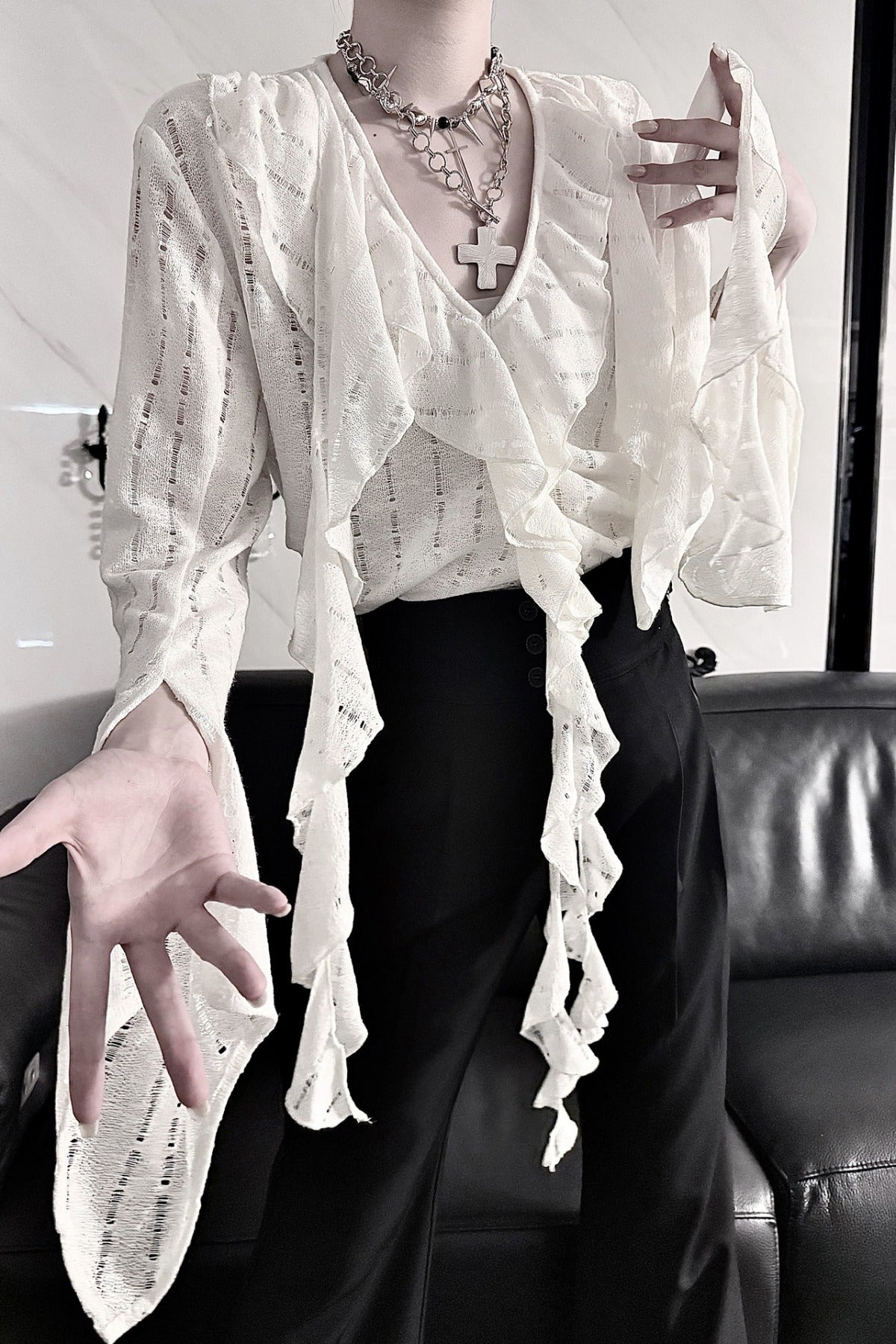 Ruffle V-Neck Lace Blouse