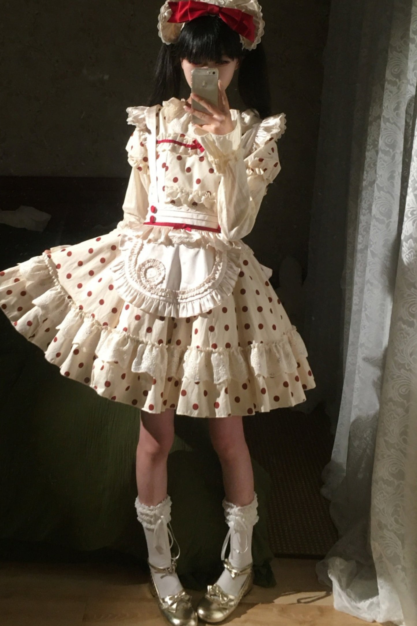 Cotton Polka Dot Print OP Dress Set-Up